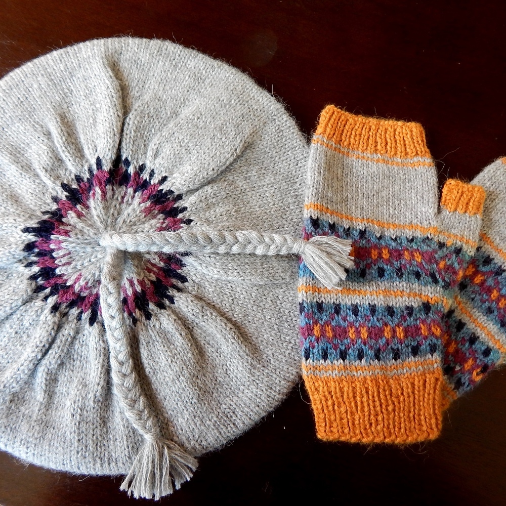 100% Alpaca Knitted Tam and Fingerless Mittens